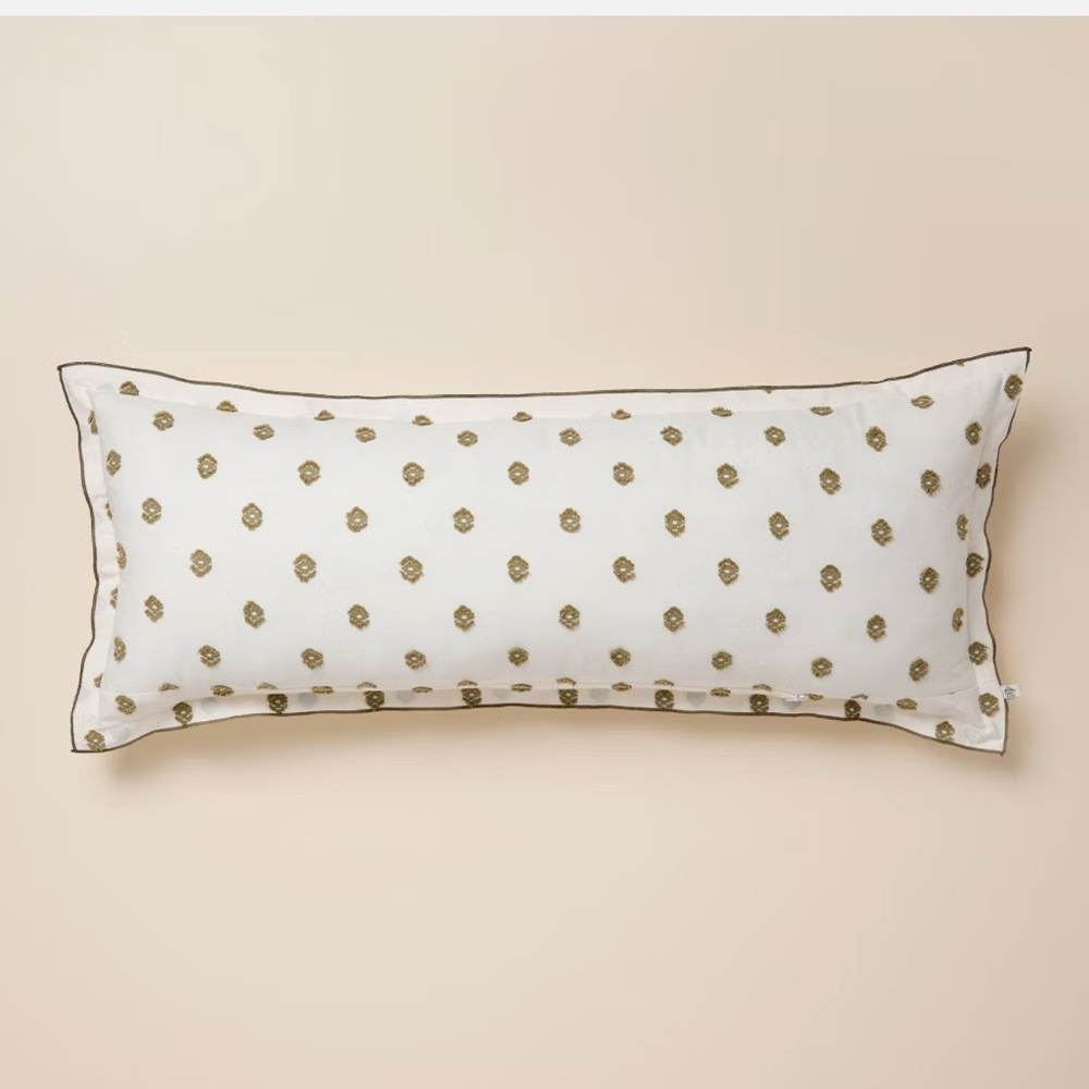HEARTH & HAND NWT Clipped Dobby Embroidered Lumbar Green Throw Pillow 36x14 NEW - Picture 4 of 5